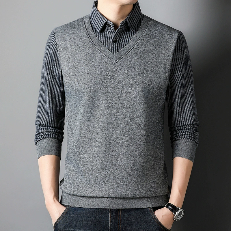 Осенние и зимние мужские поддельные два трикотажа с дикими рубашками и воротником мужской свитер футболка 9010 тонкая