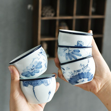 陶瓷青花茶杯 手绘斗笠品茗单杯家用复古个人釉下彩功夫茶碗批发