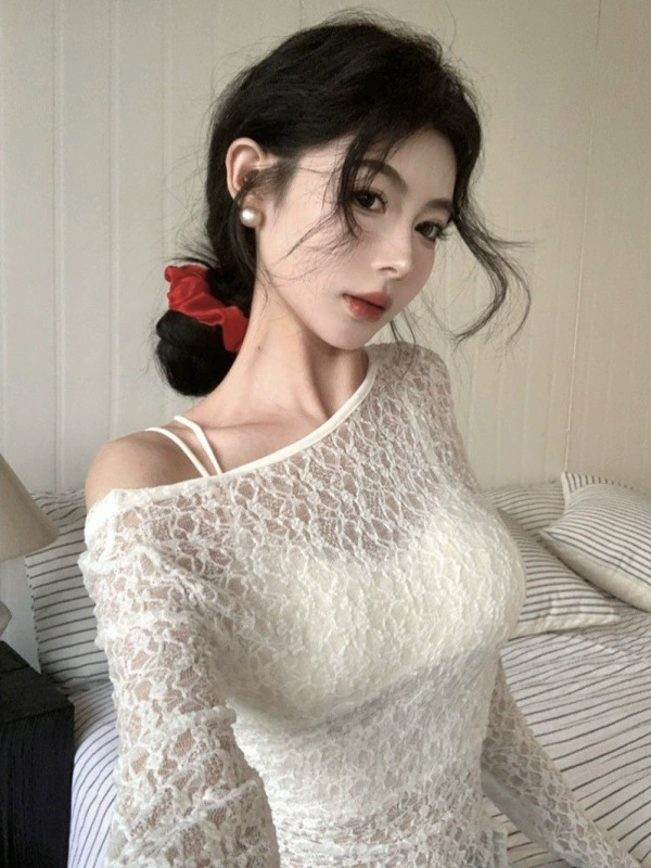 Кружевной топ U-образный (Hot Girl Xi) ретро крючковая эластичная длинный рукав, двусторонний, one size