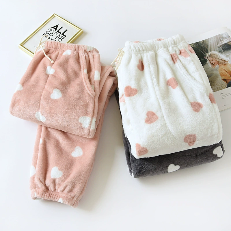 Фланелевые женские пижамные штаны осенне-зимние утолщенные теплые коралловые флисовые узкие домашние брюки свободные домашние брюки