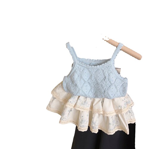 Korean children's clothing 24 summer girls' suit French sweet hollow knitted camisole bud skirt for small and medium-sized children