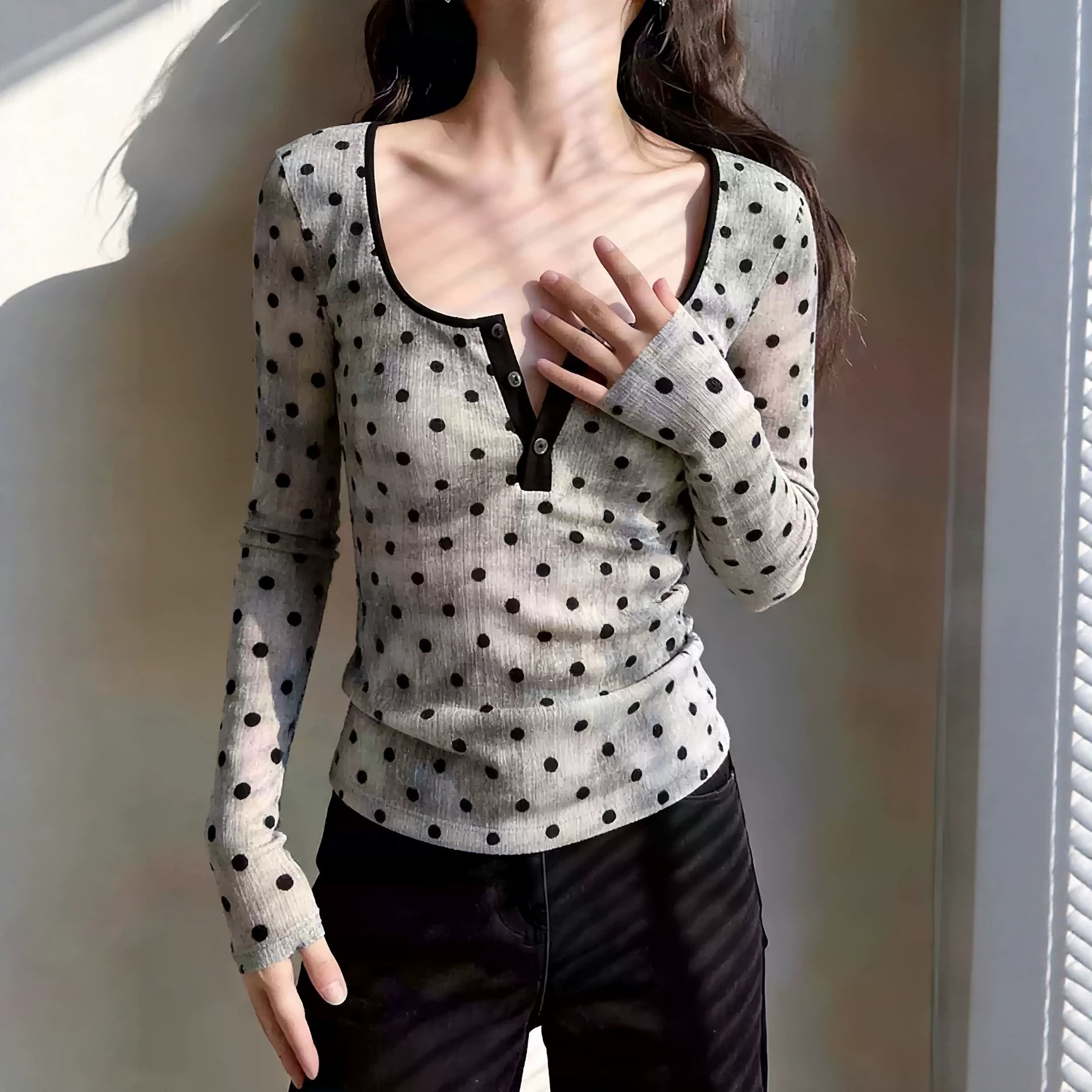 Unique, beautiful, and super cute polka dot mesh square neck long-sleeved tee for women, Korean chic style, unique and not commonly seen.