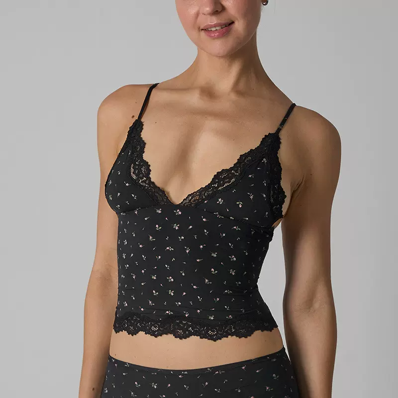 BLACK PRINT TRIANGLE CAMI 黑色蕾丝花边碎花V领性感吊带背心