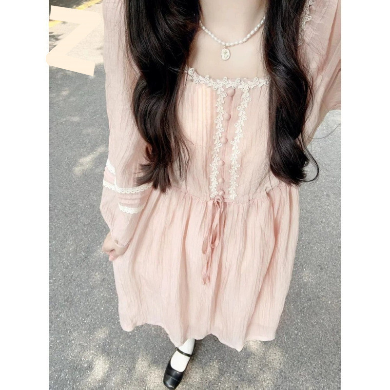 2025秋冬季新款茶歇法式粉色连衣裙女温柔风方领长裙气质甜美风潮