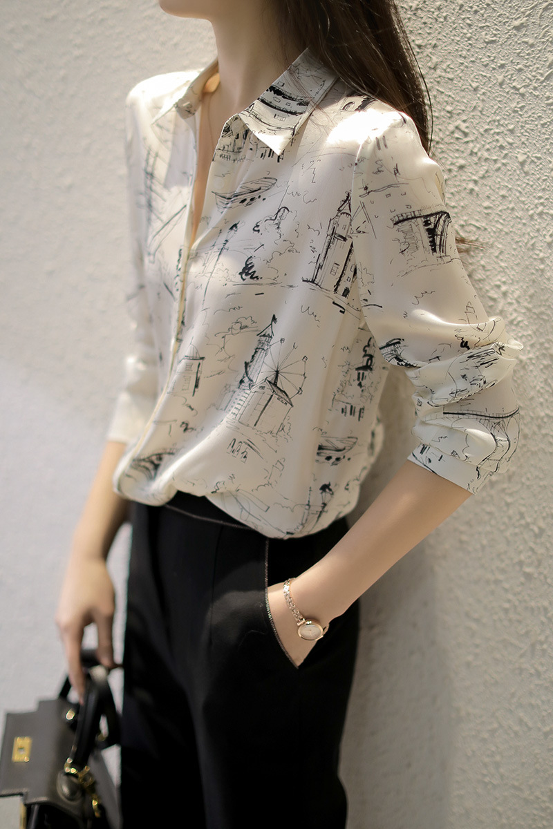 Áo sơ mi nữ dài tay chất satin twill họa tiết sketch phong cách Pháp — trắng chi tiết 1