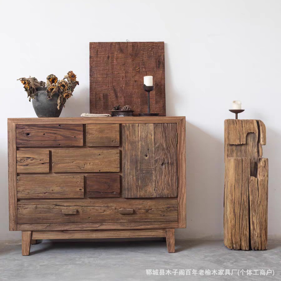 New Chinese Style Old Elm Wine Cabinet with Bar Integrated Display Rack Home Living Room Tea Set Wine Bottle Storage Cabinet Sideboard