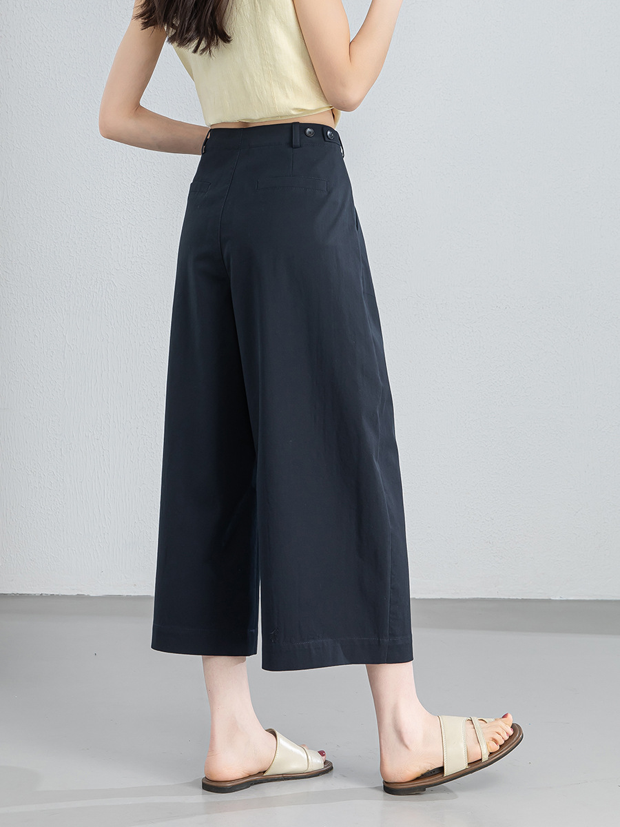 Quần culottes nữ ống rộng cạp điều chỉnh xếp ly mùa hè — màu xanh navy