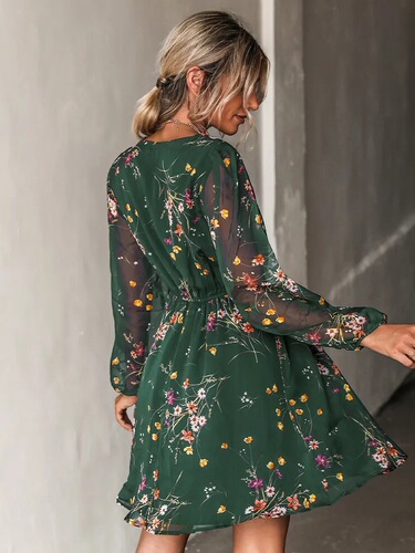 Wish Bestselling Hot Selling Dress V-Neck Elegant Chiffon Print Floral Spring Sheer V-Neck Dress