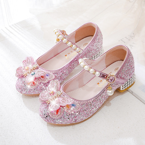 Children's princess shoes, high-heeled shoes, kids' single shoes, butterfly crystal shoes, baby leather shoes, autumn ballet shoes, little princess