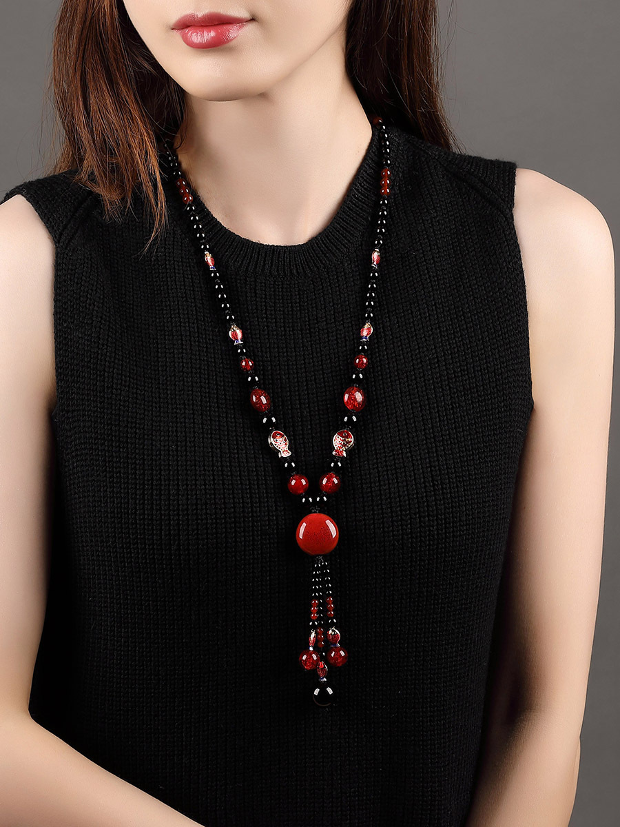 民族风秋冬特色古典批发配饰2024年红鱼女长款项链复古民族风装饰