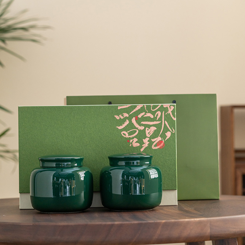 陶瓷茶叶罐绿色厚德载物茶礼双罐装商务伴手礼端午节礼品印制LOGO