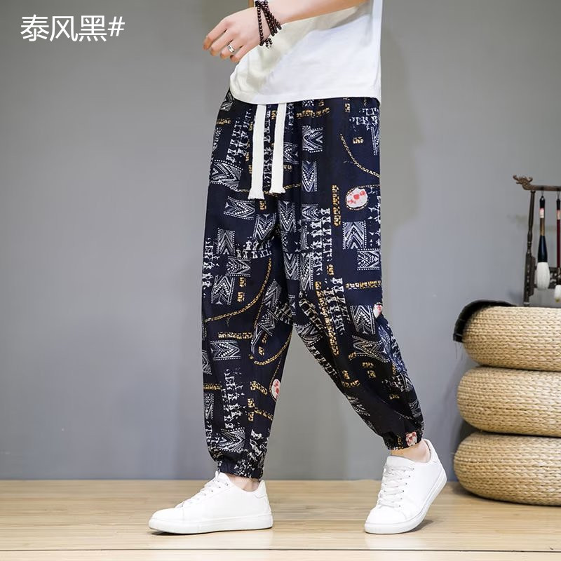 Bloomers de los Hombres estilo étnico atado al tobillo Lino suelto vintage impreso harén atado al tobillo casual primavera y otoño pantalones recortados