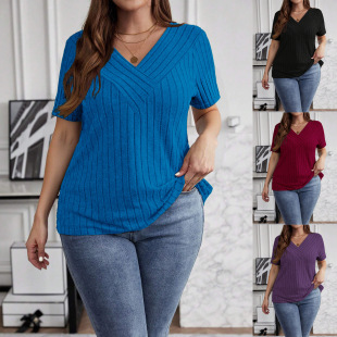2025 Amazon Spring New Cross-Border European and American Large Size Short-Sleeved Brushed Pit Strip Pure Color Cross V Neck Top