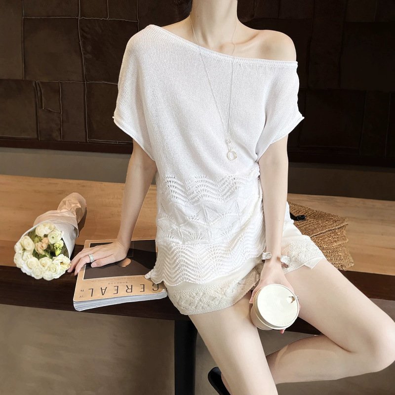[First Release] Thirteen Lines Summer French Style Wave Off-Shoulder Top with Hollow Out Patchwork and Asymmetrical Shoulder Knitted Sweater for Women Za6306