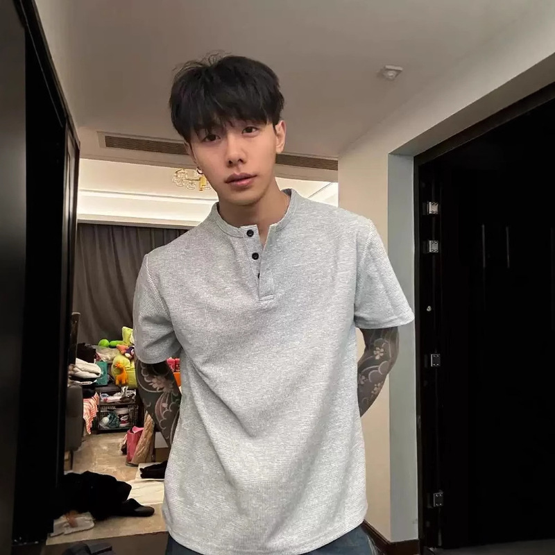 Binzi with Henry Collar Short-sleeved Men's Summer Waffle Shoulder T-shirt Base Shirt light gray American Polo Shirt