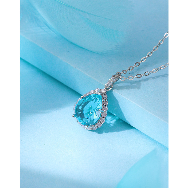 Luz de lujo nicho diseño de alto grado temperamento ZIRCON colgante Cadena de clavícula S925 plata esterlina gota de agua mar azul collar de circonio