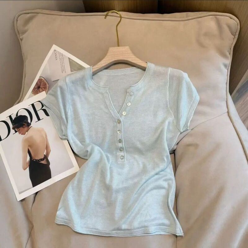 Knitted Button T-Shirt Short Sleeve 2026 New Summer Style Simple Solid Color Versatile Slim Fit Slimming Top Ins Style Knitted Button T-Shirt Short Sleeve 2026 New Summer Style Simple Solid Color Versatile Slim Fit Slimming Top Ins Style
