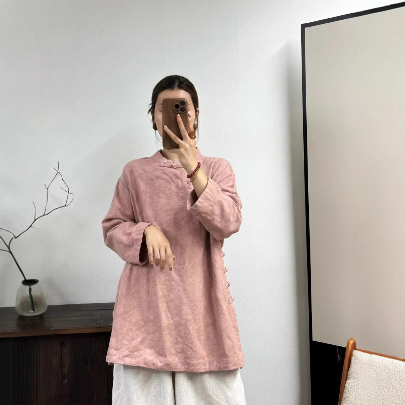 2025 秋新款 立领提花刺绣亚麻衬衫 宽松版文艺衬衣改良旗袍|undefined