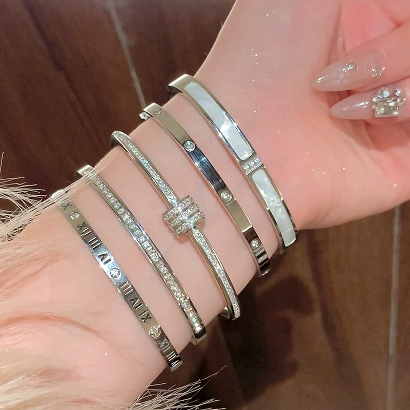 Women's Bracelet, Stainless Steel, Zirconia Accents, Elegant Roman & Inlay Styles