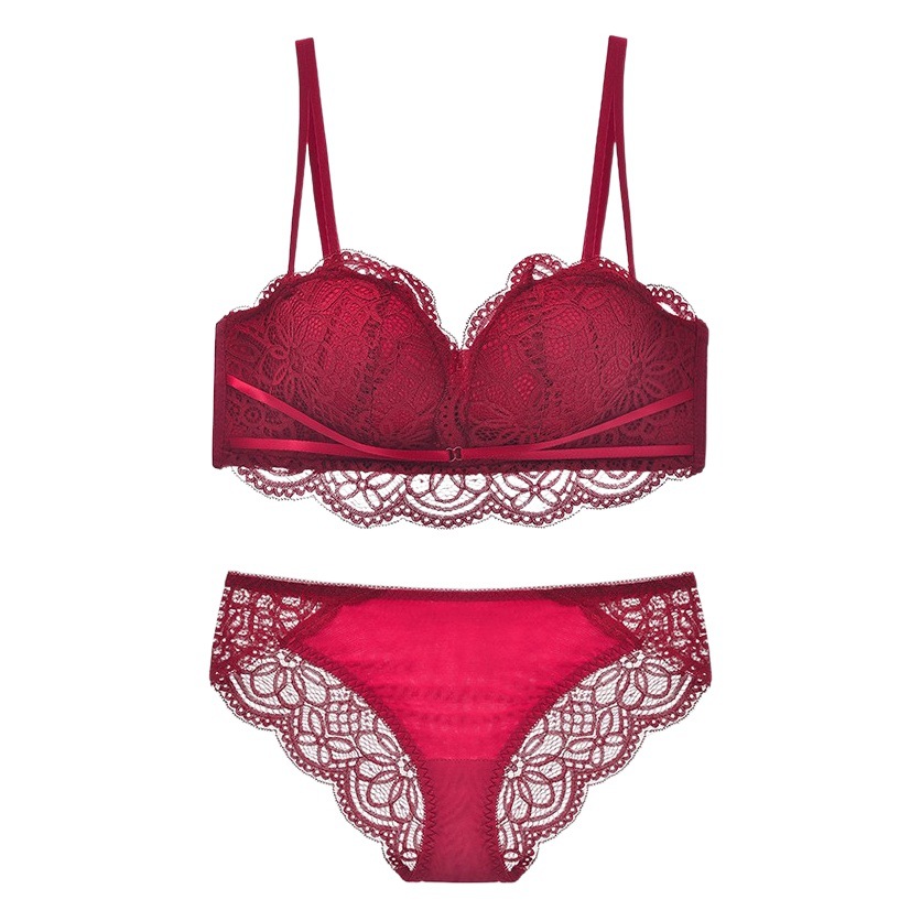 Traje de ropa interior roja inalámbrica para mujer Sujetador push up engrosado ajustable anti-flacidez sujetador pequeño 3040