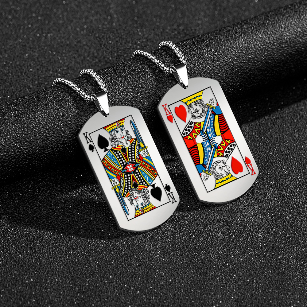 环昱现货 欧美时尚创意扑克牌丝印钛钢项链 个性百搭不锈钢吊牌
