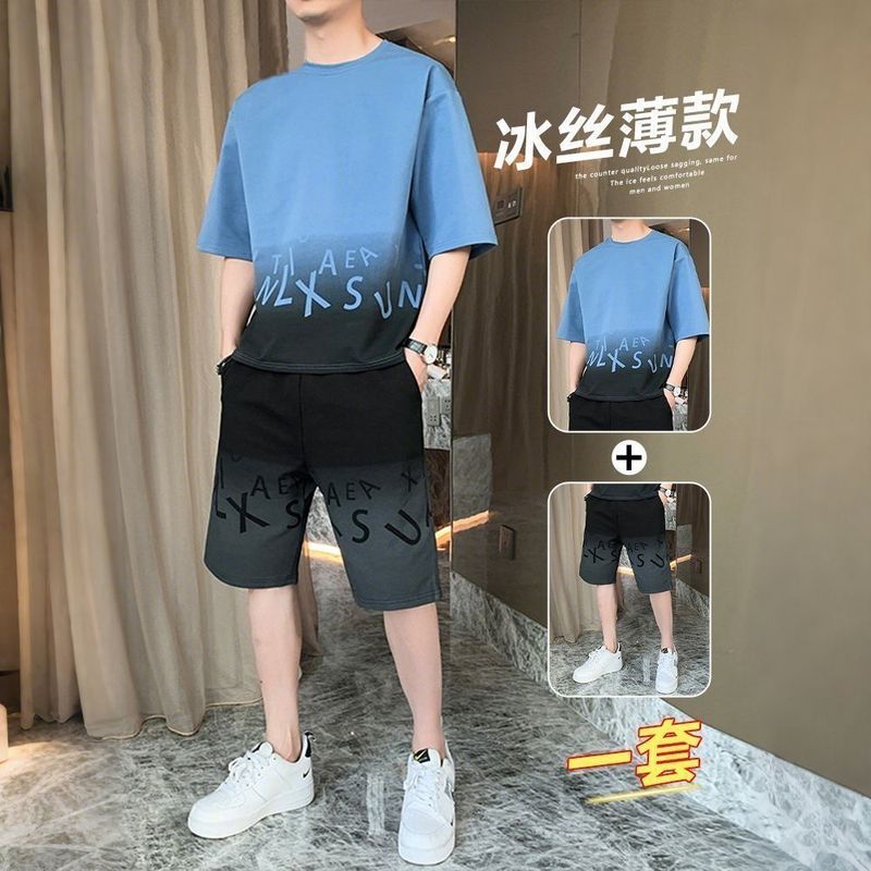 メンズ夏用アイスシルク薄手速乾服、半袖Tシャツ、ショートパンツ、カジュアルスポーツウェア、ハンサムな衣装のセット|undefined