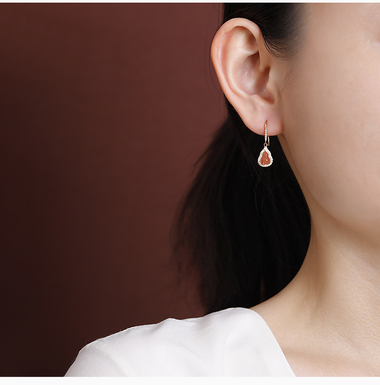 Bông tai bạc S925 đính đá ngọc Hetian Jasper hình bầu lá tre siêu lấp lánh — Phong cách nước đỏ chi tiết 6