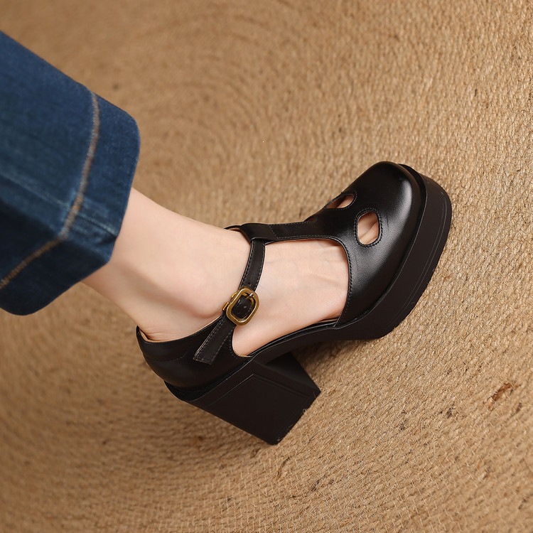 Sandal nữ đế xuồng platform gót vuông phong cách vintage khóa kim loại — màu nâu, màu đen chi tiết 42