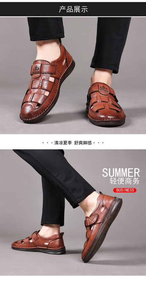 Dép sandal nam da cỡ lớn thiết kế khoét lỗ, khóa dán tiện lợi, form bít mũi — Nâu thời trang, Đen quyến rũ chi tiết 14