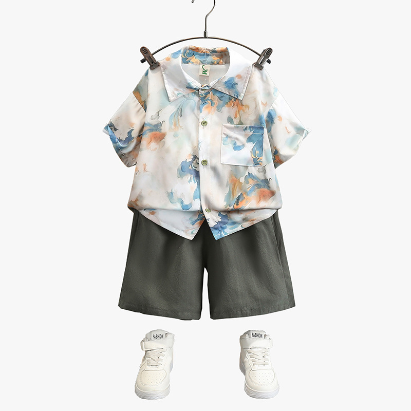 5711 Traje de manga corta de camisa de estilo occidental de verano para niños 2025 nuevo y hermoso vestido de verano para niños delgado tie-dye frito callejero
