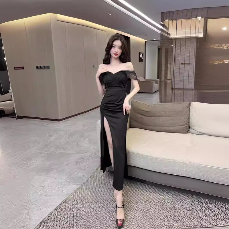 2024 New sexy long dress women's chic temperament high slit mesh stitching tube top dress