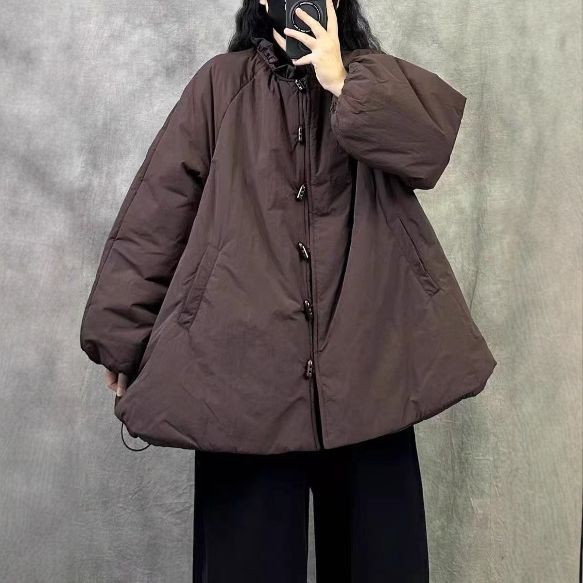 新中式牛角扣花边立领棉衣棉服女2025新款秋冬季加厚保暖宽松大码