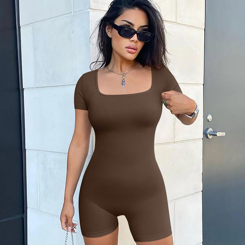 2025 European and American Cross-Border Spring and Summer New Pure Color Short-Sleeved Jumpsuits High-Waisted Sports Fitness Sexy Jumpsuits 2025 European and American Cross-Border Spring and Summer New Pure Color Short-Sleeved Jumpsuits High-Waisted Sports Fitness Sexy Jumpsuits