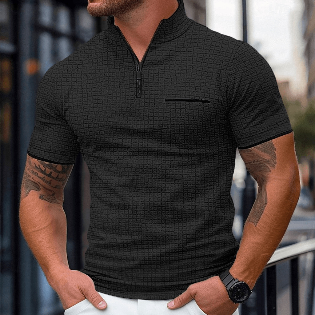Polo monochrome pour homme - Collection printemps/été européenne/américaine, modèle phare à manches courtes, col montant et fermeture éclair._voghion.com