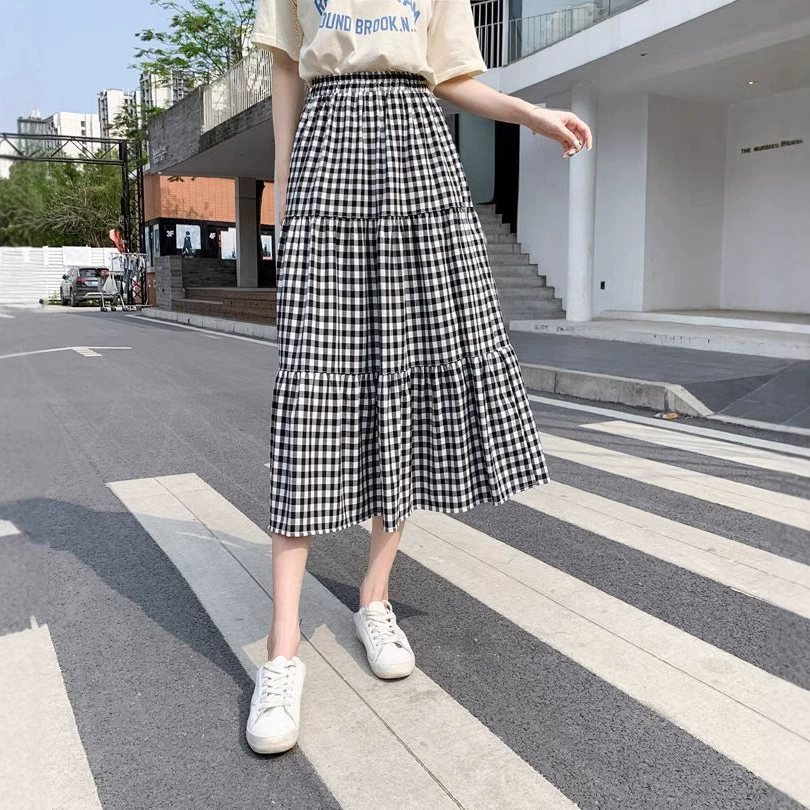 Корейская клетчатая длинная юбка женская летняя юбка с высокой талией и большим маятником
