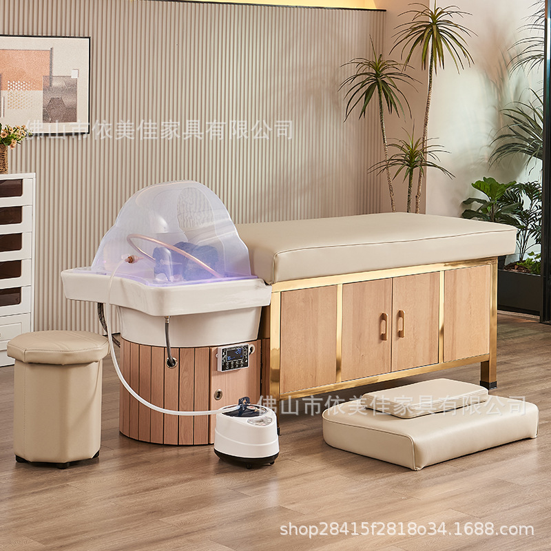 Cama de lavado de cabello de madera maciza, lavabo cerámico, cama de lavado de agua de circulación de agua, cama de tratamiento de cabello de fumigación con calentador de agua, para salón de peluquería especial