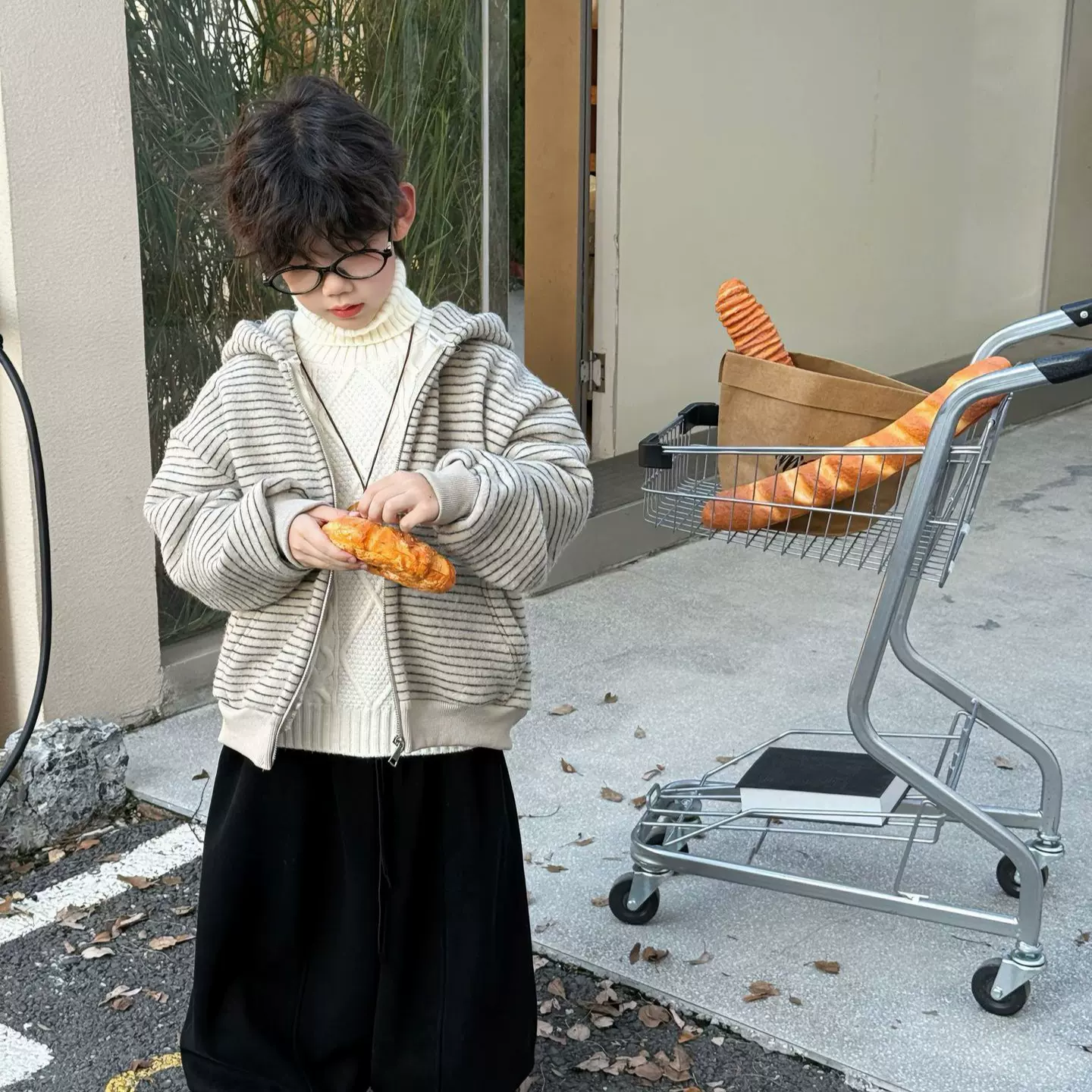 泰如2025冬季新款韩版男童时尚连帽条纹百搭保暖加绒外套儿童上衣