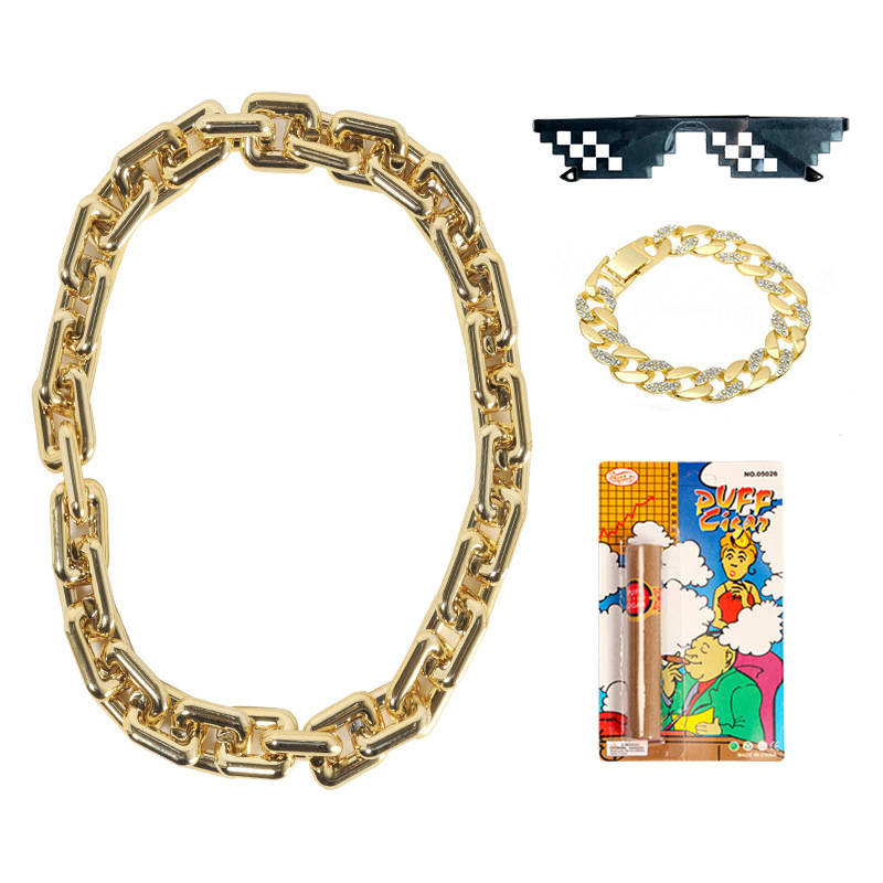 網紅嘻哈誇張塑料土豪大金鍊子男仿真惡搞道具墨鏡假金項鍊超粗
