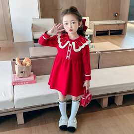 女童娃娃领连衣裙2026新款儿童公主裙洋气女宝宝时髦针织裙子秋装