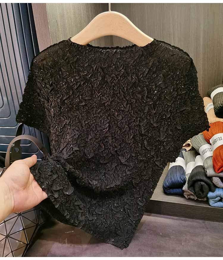 Áo thun ngắn tay nữ cổ tròn xếp li dập nổi kim cương, chất liệu cotton phối polyester, form suông thoải mái, phù hợp đi làm và dạo phố mùa hè — Màu hồng, Màu xanh lá, Màu mơ chi tiết 30