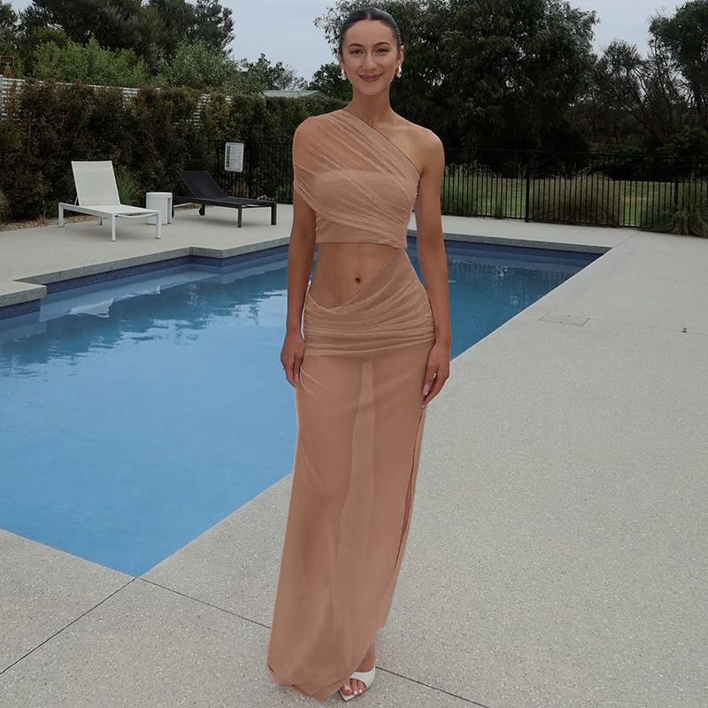 AliExpress women's clothing 2025 spring and summer new fashion mesh stitching tube top sexy side hollow dress