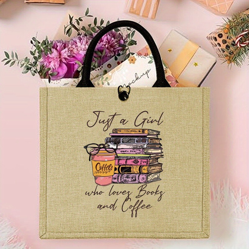 Straw Reusable Tote Bag Durable Rectangle Handbag with Print Book and Coffee Love