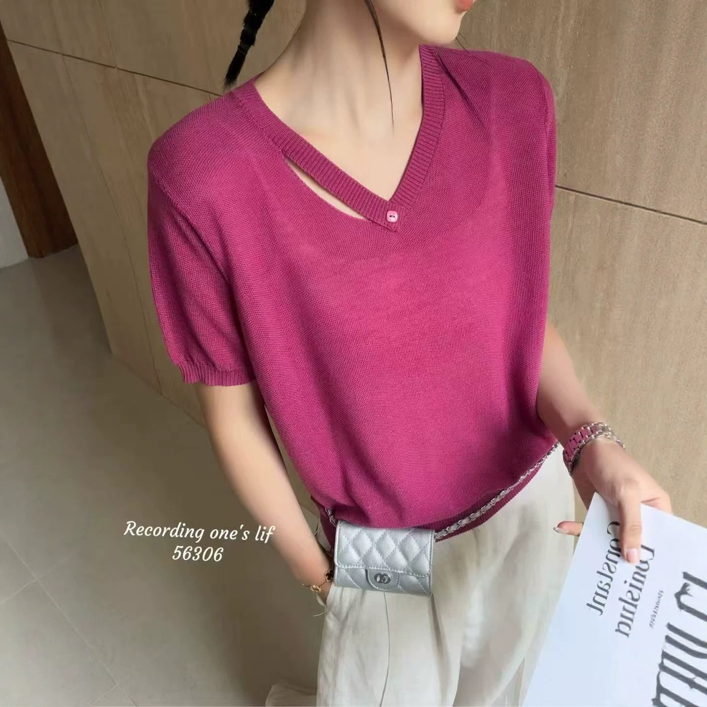 简约风圆领短袖针织衫女百搭显瘦薄款百搭宽松设计感上衣2026年春