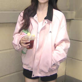 港风复古甜酷少女粉色翻领夹克外套女2025年冬季新款休闲宽松上衣