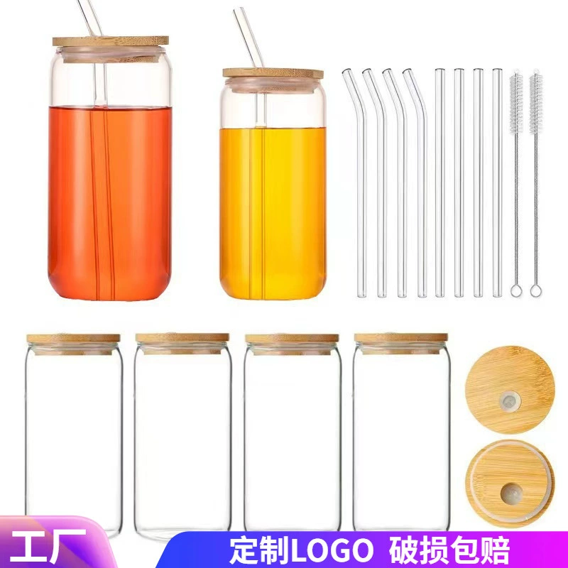 Стеклянная кружка из высококачественного боросиликатного стекла с бамбуковой крышкой, однослойная кружка для сока с трубочкой, прозрачная стеклянная кружка для колы, большая вместимость, с возможностью нанесения логотипа