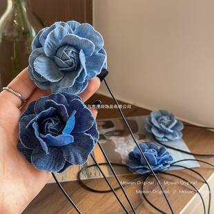 Denim necklace Camellia neck flower Chanel style ins necklace French hot girl sweet cool strap atmosphere Japanese and Korean style none