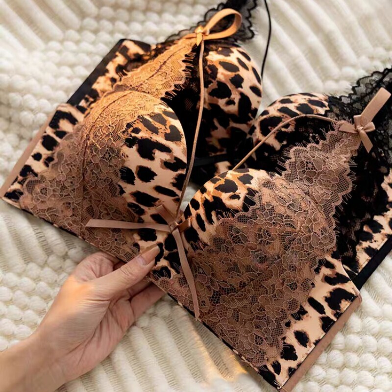 Sexy Lace Leopard Print Cross-Back Bra Set for Women, Small Bust Push-Up, Wireless Bra and Panty Set Sexy Lace Leopard Print Cross-Back Bra Set for Women, Small Bust Push-Up, Wireless Bra and Panty Set