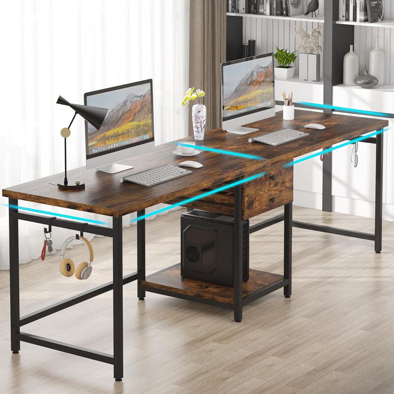 2 Drawers Large Computer Desk Long Table Writing Desk with Storage Shelves Home Office Desk Rustic Brown