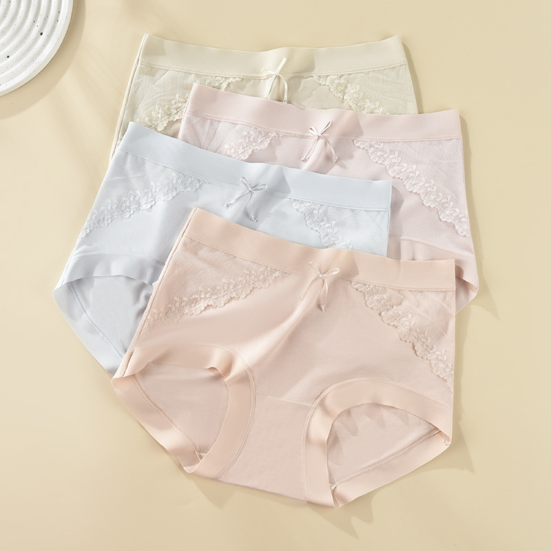 60S Lanjing Modal Women's Underwear Tencel Non-Sense Antibacterial Lace Mulberry Silk Mid-Waist Briefs