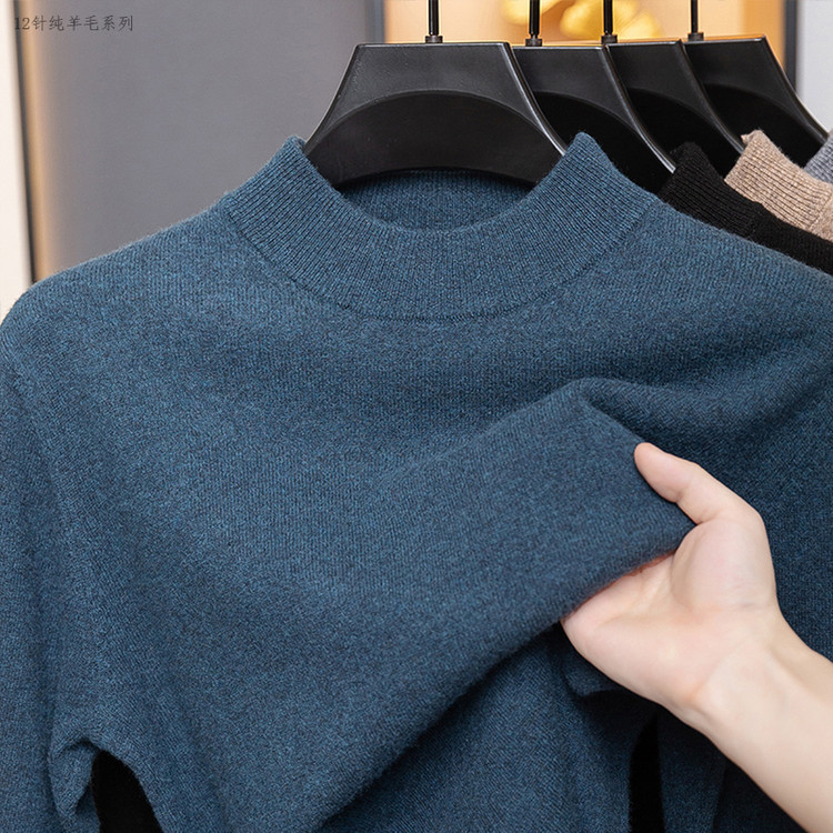 Hombre de cuello medio alto otoño invierno lana de color sólido de punto hombre de mediana edad chaqueta de manga larga de color sólido suéter de base cálido